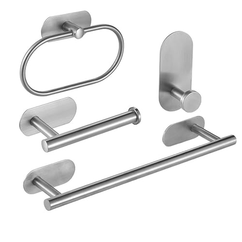 ARTHOM Bathroom Hardware 4 Set, Hand Towel Bar Accessories Stainless Steel Towel Bar Set Wall Mounted Include 16.5" Bathroom Towel Rack, Toilet Paper Holder, Towel Ring, Robe Hooks (Silver)