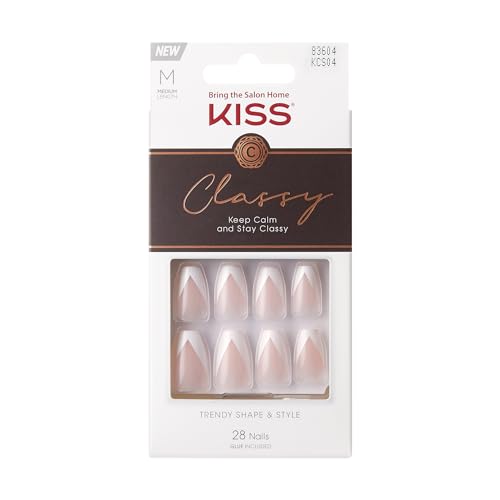 KISS Salon Acrylic French Manicure Kit - Silk Dress, Coffin Shape (Medium) – Press On Fake Nails Set with Mini File, Nail Glue, Manicure Stick Acrylic Nail Kit