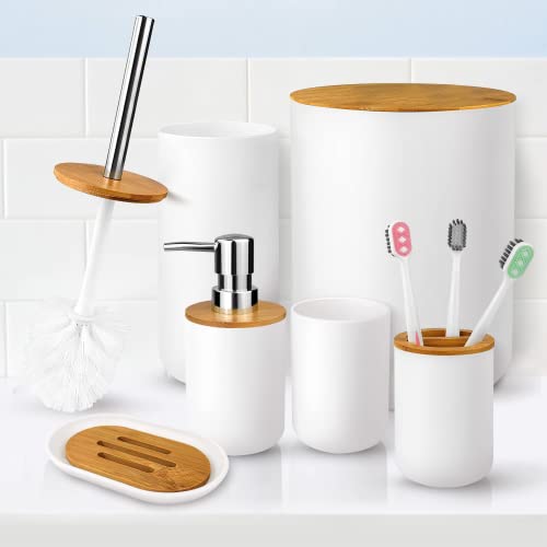 Mimelon® 6-pcs Bathroom Accessory Set, | Bamboo Black Bathroom Set Includes Toothbrush Cup & Holder, Soap Dispenser, Soap Dish, Durable Toilet Brush with Holder - Modern Trash Can (WHITE)