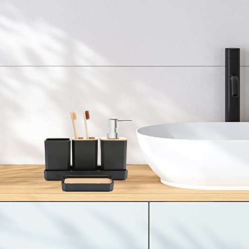 FEILANDUO Bathroom Accessories Set,5 Pcs Bathroom Accessory Gift Set, Soap Dispenser, Soap Dish, Toothbrush Holder, Toothbrush Cup, Vanity Tray, Boho, Modern Bathroom Decor (Black)