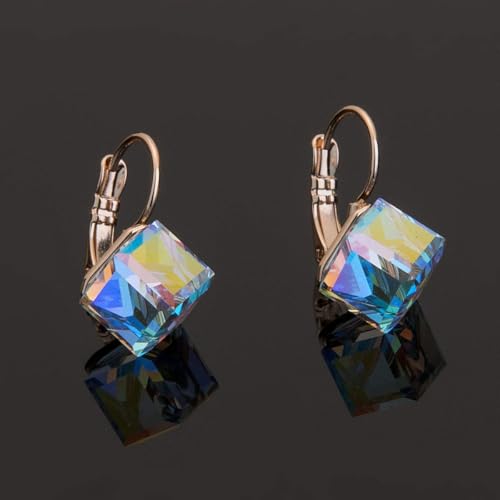 Cube Austrian Crystal Drop Leverback Earrings for Women Fashion 14K Rose Gold Plated Hypoallergenic Jewelry