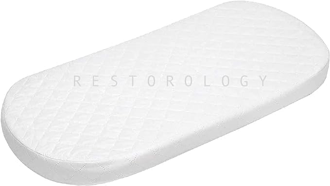 Buy All Here Infant Foam Moses Basket Mattress, Thick and Super Soft, Oval Shaped Mattress Fits Mamas & Papas Mothercare, Double Sided, Removeable Quilted Zip Cover, Made in UK (74 x 33 x 4 CM)