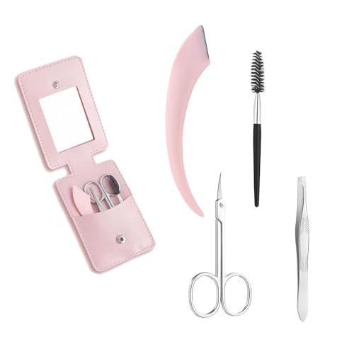 Eyebrow 5PCS Trimmer Kit - Set with Eyebrow Scissors, Eyebrow Razor, Tweezer, Brush, and Mirror, Includes Leather Carry-Around Bag - Women's Grooming Tools for Eyebrows - Pink