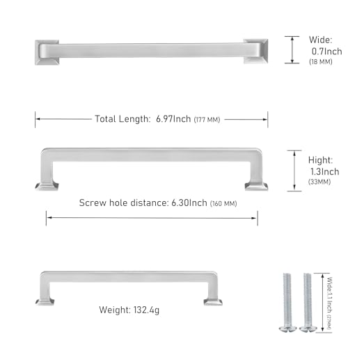 VILA 6 Pack 6-1/4 inch Brushed Satin Nickel Kitchen Square Cabinet Handles Cabinet Pulls Drawer Pulls Kitchen Cabinet Hardware Kitchen Handles for Cabinets Cupboard Drawer Handles