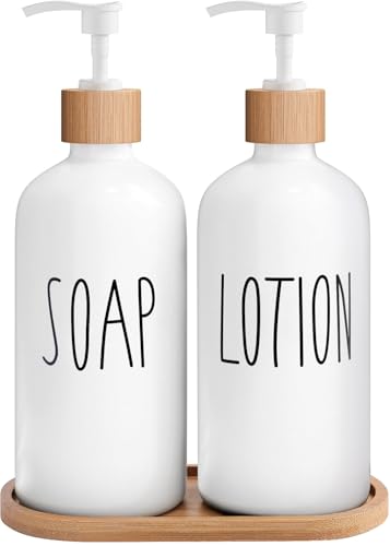 MOMEEMO White Soap Dispenser Bathroom Set, Bathroom Soap Dispenser Set with Glass Soap Dispenser, Bamboo Pumps & Tray. Soap and Lotion Dispenser Set Suitable for Bathroom Accessories Decor. (White)