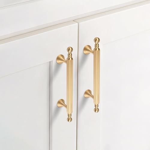TERRIFI 2 Pack Solid Brass Kitchen Cabinet Handles, 3-3/4 Inch Gold Dresser Drawer Pulls, Modern Furniture Door Handles for Bathroom Cabinets, Wardrobe, and Closet Doors