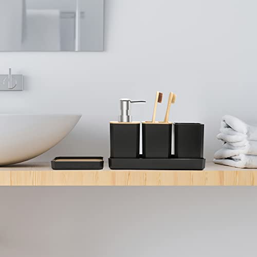 FEILANDUO Bathroom Accessories Set,5 Pcs Bathroom Accessory Gift Set, Soap Dispenser, Soap Dish, Toothbrush Holder, Toothbrush Cup, Vanity Tray, Boho, Modern Bathroom Decor (Black)