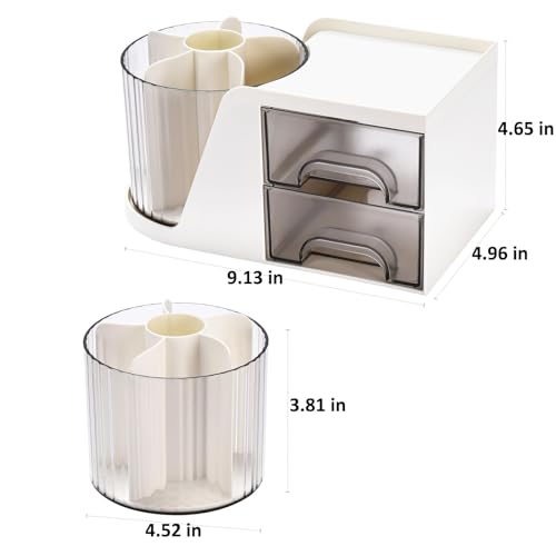Sagreeny Rotating Desk Organizer with 2 Drawer, Pencil Pen Holder for Desk, Desk Organizers and Accessories with 4 Compartments + Drawer for Office Home Art Supplies White
