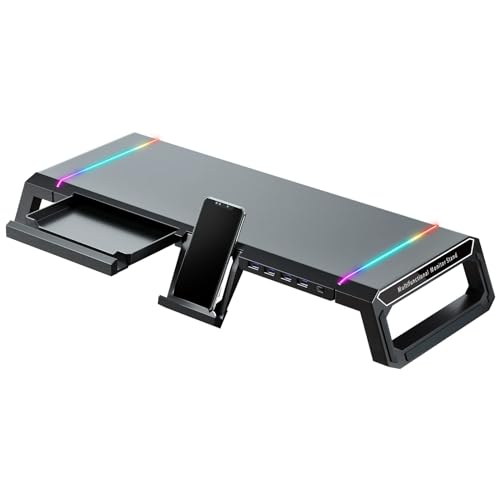 NALACAL RGB Gaming Computer Monitor Stand Riser - 4 USB 3.0 Hub, 3 Length Adjustable, Laptop Desk Shelf with Storage Drawer and Tablet Phone Holder, Desk Organizers for Desktop, Printer (Black)