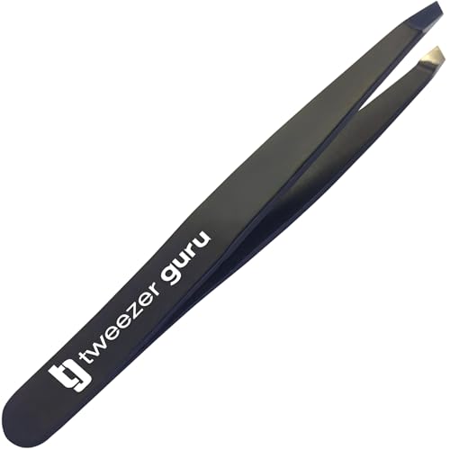 Tweezer Guru Tweezers for Women - Slant Pointed Precision Tweezers for Eyebrows & Ingrown Hair Removal - Blackhead and Splinter Tweezer with Sharp Needle Nose Point for Plucking (Black)