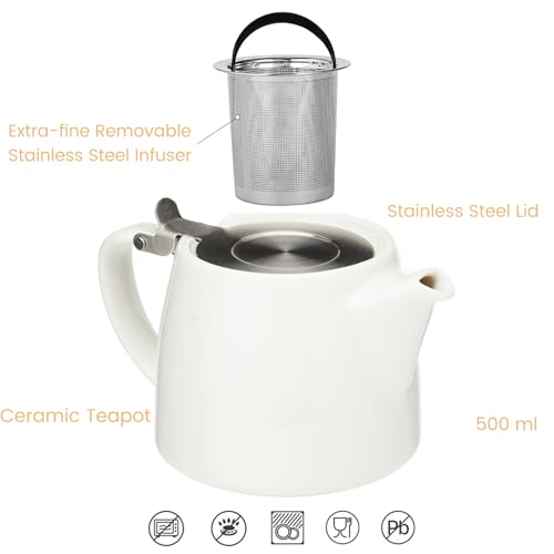 SPNOR Tea Pot, Ceramic Loose Leaf Teapot 500ml, Water Pot Infuser Strainer and Lid, Small Porcelain Tea Pot, Coffee Pot 18.6 Oz â€“ White