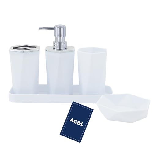 AC&L Bathroom Accessories Set, 5 Pcs Plastic Bathroom Counter Vanity Set, Liquid Soap Dispenser, Toothbrush Holder, Soap Dish, Q tips Tumbler, Vanity Tray, Modern Bathroom Decor Organizer (White)