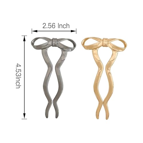 Beynant 2PCS Vintage French Hair Forks for Women U Shaped Updo Metal Hair Pins for Long Thick Hair,Large Gold Bow 2 Long Prong Bun Twist Hair Sticks,Medium Hair Accessories for Women
