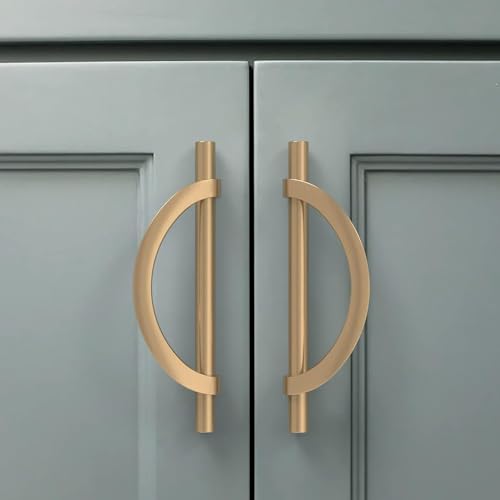 Cabinet Pulls, Brushed Golden Drawer Handles, 2Packs Bronze Kitchen Door Cupboard Cabinet Handles, Half Moon Shape Creative Cabinet Pulls for Cupboard Door and Bathroom, 5Inch (128MM) Hole Center