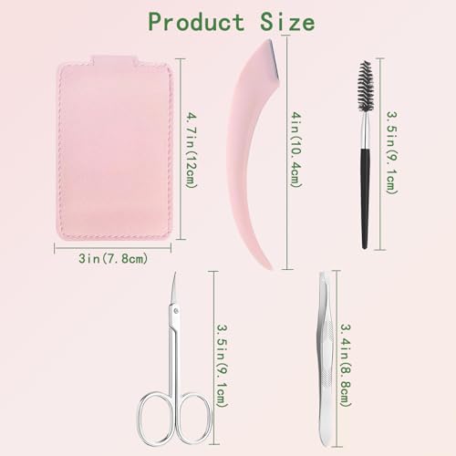 Eyebrow 5PCS Trimmer Kit - Set with Eyebrow Scissors, Eyebrow Razor, Tweezer, Brush, and Mirror, Includes Leather Carry-Around Bag - Women's Grooming Tools for Eyebrows - Pink