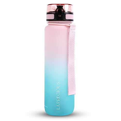 LA' PRECIOUS Water Bottle for Adults,1 liter-USA Tritan Material, Non-Toxic BPA Free, Fast Flow, Flip Top Leak Proof Lid. (Pink/Green)