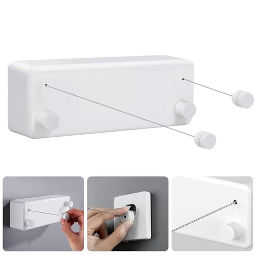 Retractable Clothesline Indoor - Double Clothes Line Retracting Outdoor Stainless Steel Clothes Line for Hanging Clothes - Wall Mounted Laundry Line (White)
