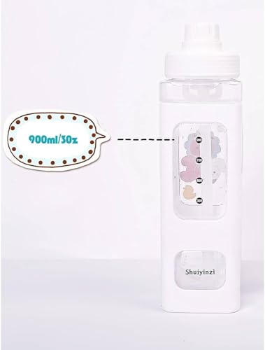 ChicAbode Large Kawaii Water Bottle with Straw and Sticker, Cute Bear Water Bottles, Portable Square Drinking Bottle, Leak Proof Juice Tea Water Cup, for Women and Girl, White, 900ml, 30oz