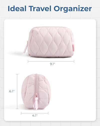 Puffy Padded Makeup Bag for Women - Travel Cosmetic Organizer Case with Wide-Open Design, Spacious Capacity, and Easy-Clean Pockets, Perfect for Toiletries, Brushes, and Travel Essentials, Pink