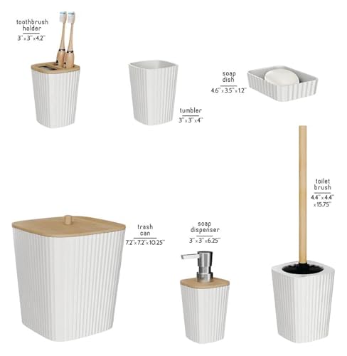 SA24 Bathroom Accessories, 6 Piece Set, Plastic, Toothbrush Holder, Toothbrush Cup, Soap Dispenser, Dish, Toilet Brush Holder, Trash Can, Tumbler (White Sq)