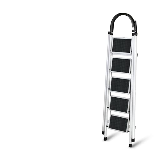 SKY-TOUCH Foldable Ladder 5 Steps, Home Ladder Folding Step Stool with Wide Anti-Slip Pedal, Adults Folding Sturdy Steel Ladder for Home,Kitchen, Garden, Office