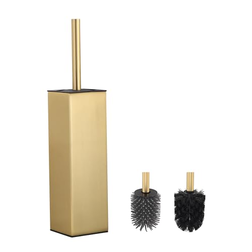 bgl Toilet Brush and Holder, Silicone Toilet Brush Holder, 2 Brush Heads, Aluminium Square Toilet Brush for Bathroom Cleaning, Toilet Brushes (Gold)