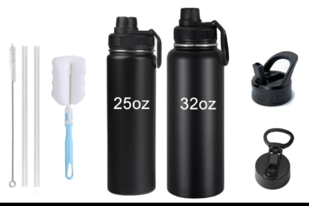 Triple Wall Vacuum Stainless Steel Water BOTTLE Insulated Stainless Steel Water Bottle 24oz with Straw-Brush-3 Lid-handle, 1L Bottle for Sports jym, Travel, office school kids water bottle (black)
