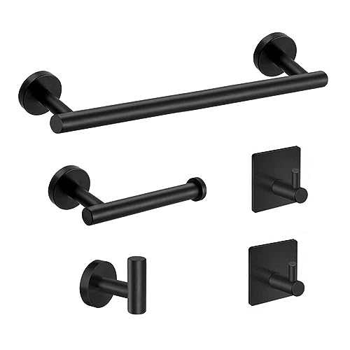 DERANQIIUA Bathroom Hardware Set, Wall Mounted Towel Rail, 5 Pieces Brushed Nickel Bathroom Accessories Set, Stainless Steel Toilet Roll Holder And Hooks (black1)