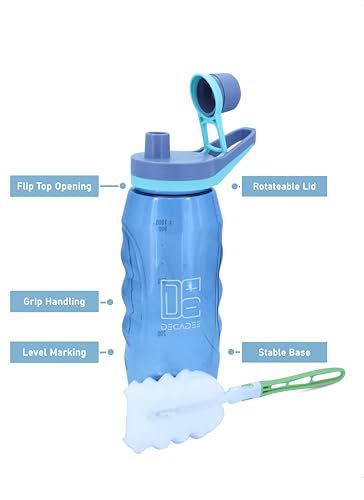 DECADEE 1000ml BPA-Free Water Bottle Leakproof, Quality Haul Non-Slip Sports Water Bottles with Brush for Kids Adults Home Gym Outdoor Travel Blue