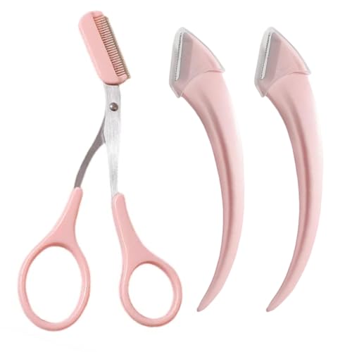 Paporich Eyebrow Trimmer Set Stainless Steel,Eyebrow Razor Eyebrow Scissors with Comb Beauty Tools, for Beginner Make Up Tool Hair Removal Accessories, for Men and Women (Pink, Pack of 3)