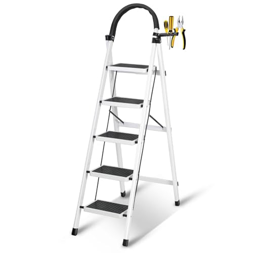 SKY-TOUCH Foldable Ladder 5 Steps, Home Ladder Folding Step Stool with Wide Anti-Slip Pedal, Adults Folding Sturdy Steel Ladder for Home,Kitchen, Garden, Office