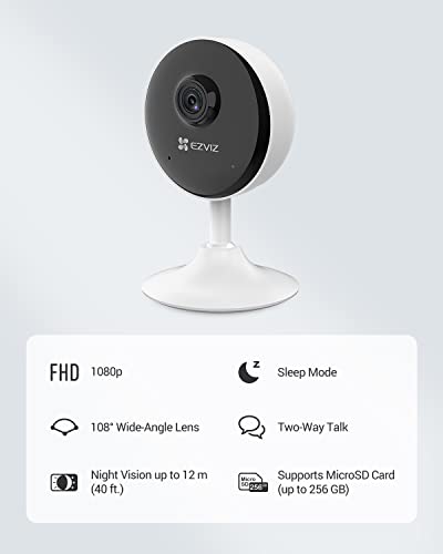 EZVIZ C1C-B WiFi Security Camera, Indoor Camera, 1080p Home Monitor Camera with 12m Night Vision, Two Way Talk, Wide Angle Lens, Sounds Alert, Sleep Mode, Motion Detection, Supports MicroSD Card