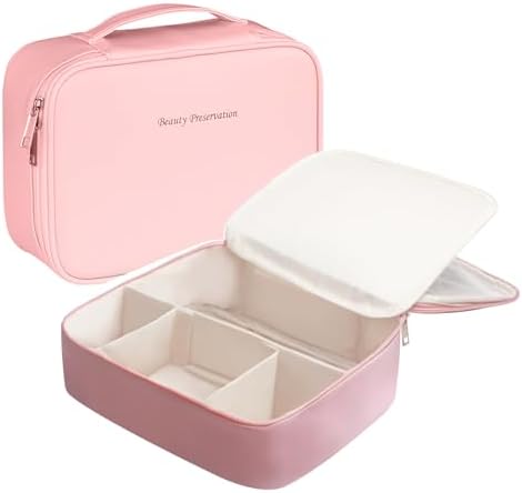 Large Makeup Bag, Portable Travel Makeup Bag for Women Girls, Makeup Organizer Cosmetic Bag with Makeup Brush Compartment, Waterproof Leather Makeup Travel Case With Handle and Divider - Black (Pink)