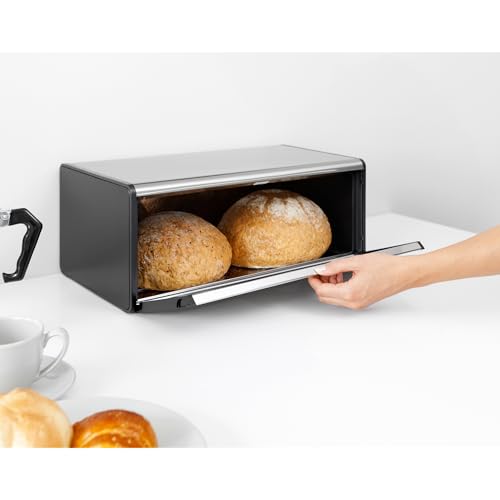 Brabantia Fall Front Bread Box - Brilliant Steel with Black Sides, 163463