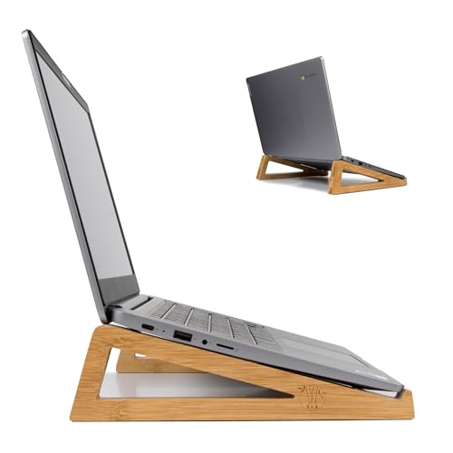 Bamboo Wooden Laptop Stand, Portable Desk Laptop Holder for Tablet with Carry Pouch, Compact Travel Laptop Stand with Protective Silicone Pads, Suitable for Home Office and Travel Use