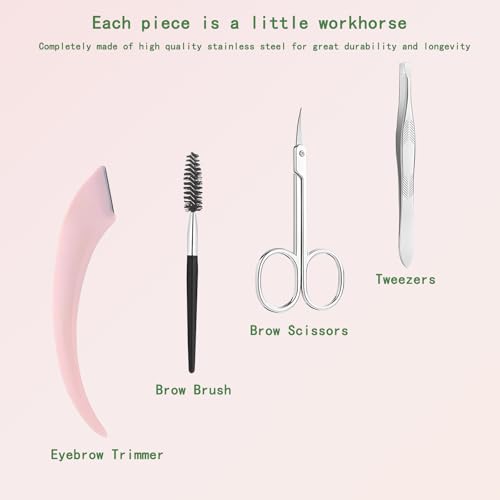 Eyebrow 5PCS Trimmer Kit - Set with Eyebrow Scissors, Eyebrow Razor, Tweezer, Brush, and Mirror, Includes Leather Carry-Around Bag - Women's Grooming Tools for Eyebrows - Pink