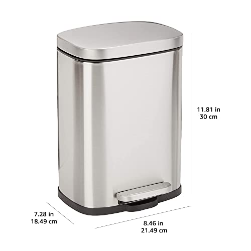 Amazon Basics Smudge Resistant Rectangular Trash Can With Soft-Close Foot Pedal, Brushed Stainless Steel, for Bathroom & small space, 5 L /1.32 Gal, Satin Nickel Finish, 7.3x8.5 x11.8 in (LxWxH)
