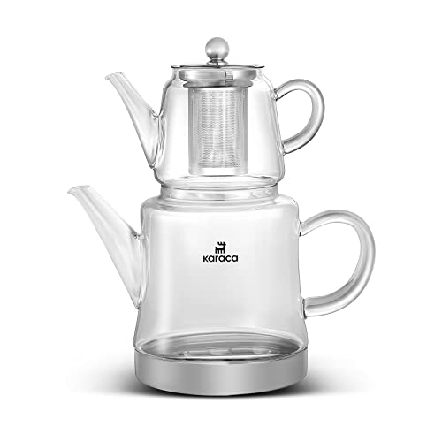 Karaca Dora Glass Teapot, 450 ml, Kettle 180 ml, Suitable for Gas and Electric Cooking Systems, Tea Maker, Caydanlik, and Teapot Set, Teapot
