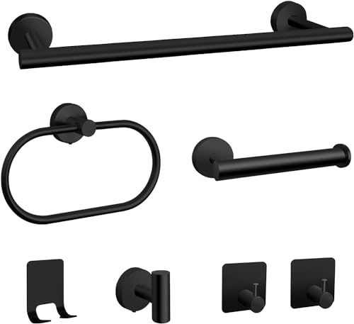 Sagreeny 7 PCS Bathroom Hardware Set, Matte Black Stainless Steel Bathroom Tower Rack Set Wall Mounted Includes 16" Towel Bar, Toilet Towel Paper Holder, Towel Ring, 4 Robe Towel Hooks