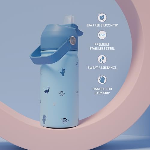 wigglywhale Stainless Steel Water Bottle for Kids - Leak Proof Kids Water Bottle for School - 380ML BPA-Free Toddler Water Bottle with Straw, Double Wall for Hot & Cold Liquids