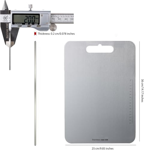 Stainless Steel Cutting Board, Titanium Chopping Boards for Kitchen, SUS 304 Large Chopper for Meat, Dishwasher Safe, with Handle & Scale, Easy Clean, ?????? ???? ?????, Solid Cookware, (36*25*0.2 cm)