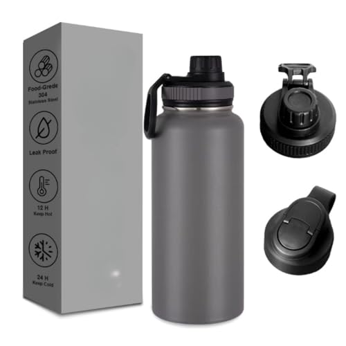 750ml Vacuum Insulated Water Bottle, Triple Wall Stainless Steel Thermos Bottle with 3 Lids Included, Straw Lid and Wide Mouth, Hot Cold Water Flask, Sports Bottle, 24oz (Grey)