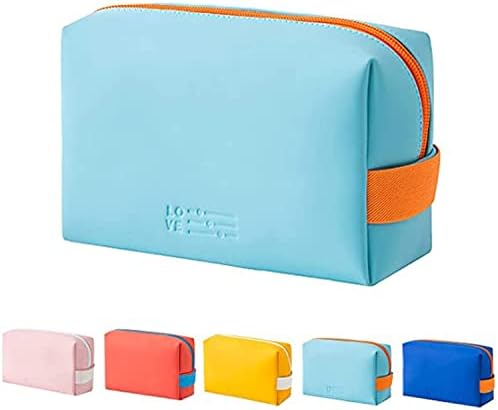 Small Makeup Bag, PU Striped Leather Cosmetic Bag, Portable Travel Makeup Pouch,Waterproof Cosmetic Pouch with Handle,Cute Makeup Bags for Women and Girls (Blue)
