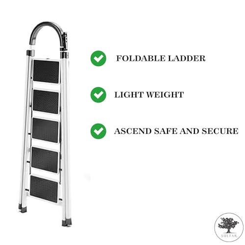 Sulfar Foldable Ladder 5 Steps, Home Ladder Folding Step Stool with Wide Anti-Slip Pedal, Adults Folding Sturdy Steel Ladder for Home, Kitchen, Garden, Office