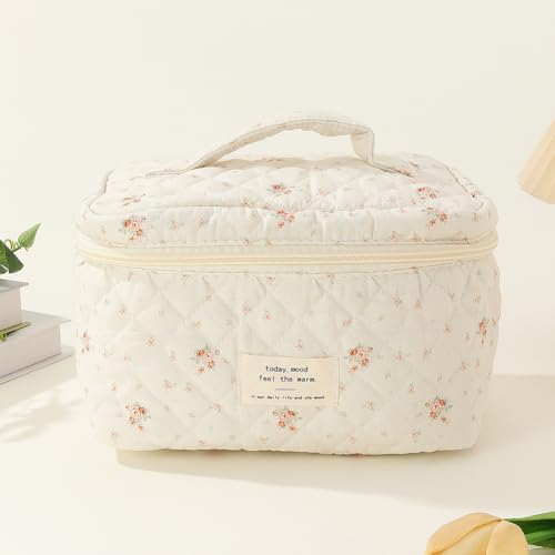 Lushandy 3 Pcs Quilted Floral Makeup Bag Set Cute Cosmetic Bag Coquette Aesthetic Makeup Bag Large Travel Makeup Organizer Toiletry Bag