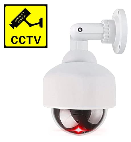 Rubik Dummy CCTV Camera with Flashing Red LED Light and CCTV Sticker Sign, Fake Surveillance Security Indoor Outdoor Waterproof Dome Camera for Home Office