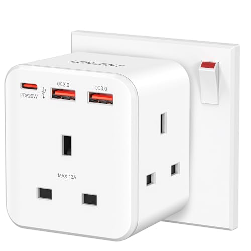 LENCENT Multi Plug Extension, 3 Way 3 Plugs Socket adapter, 6-in-1 Cube Electrical Extender Outlet Adaptor, PD&QC 3.0 20W USB Wall Charger, Plug Expander for Home, Office, Kitchen, 13A 3250W