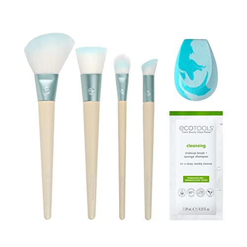 Ecotools Limited Edition Ready, Set, Glow Makeup Accessory & Cleansing Set - 6 Piece Blue Makeup Tool Gift for Wife, Daughter, or Girlfriend