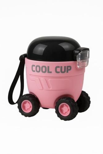 Kids Water Bottle 550ml / 18oz ??Fun Cup Design with Wheels & Strap ??Portable, Spill-Proof Bottle with Straw for Boys & Girls ??Great for School, Camping & Travel