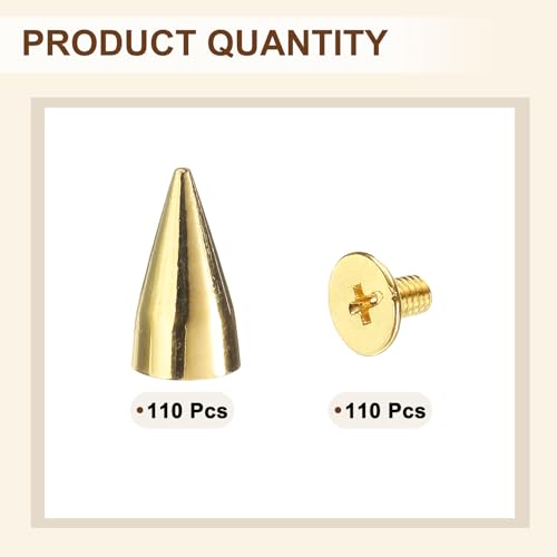 sourcing map 110 Sets Spikes and Studs, 7 x 13mm Cone Spikes Screw Back Studs Rivets, Cone Punk Spikes Rivet for Clothing Belts Bags DIY Leather Crafts, Gold